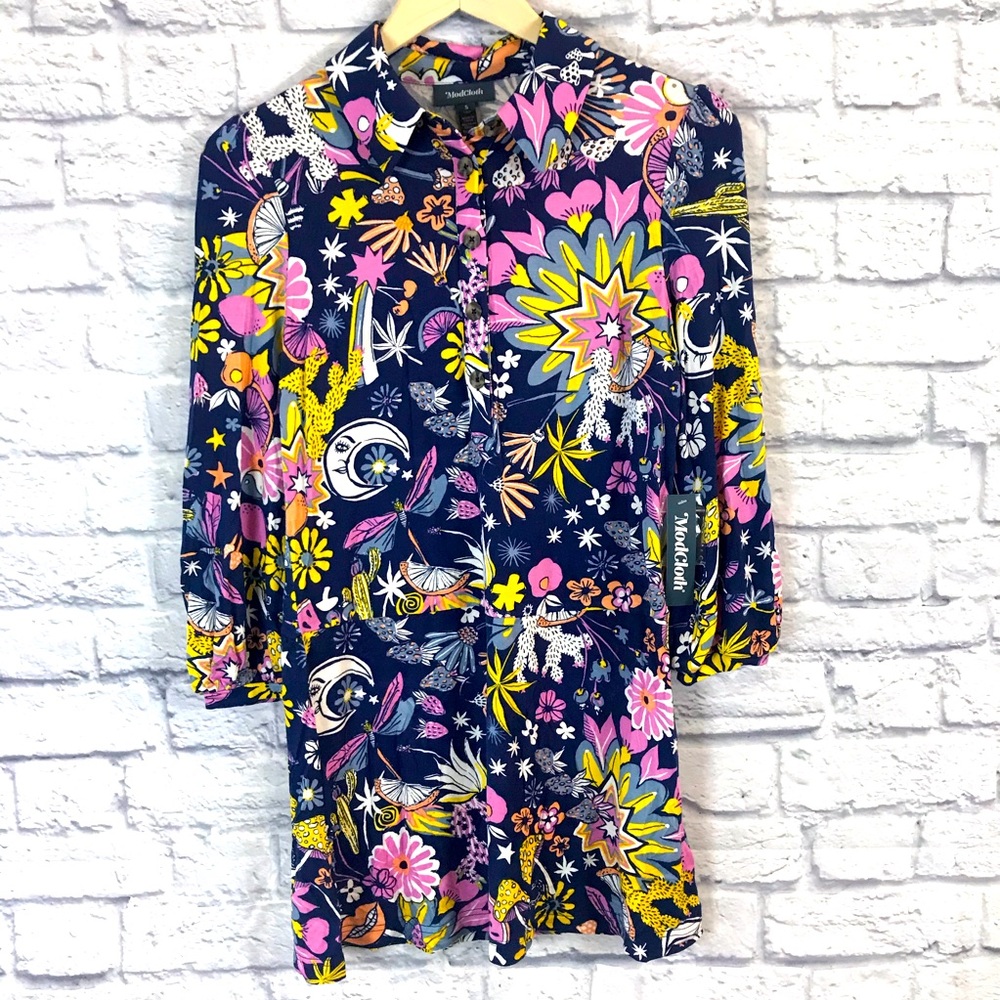 Modcloth Applaud For Mod Shift Dress Womens Size Small Graphic Multicolor NWT - Picture 1 of 6